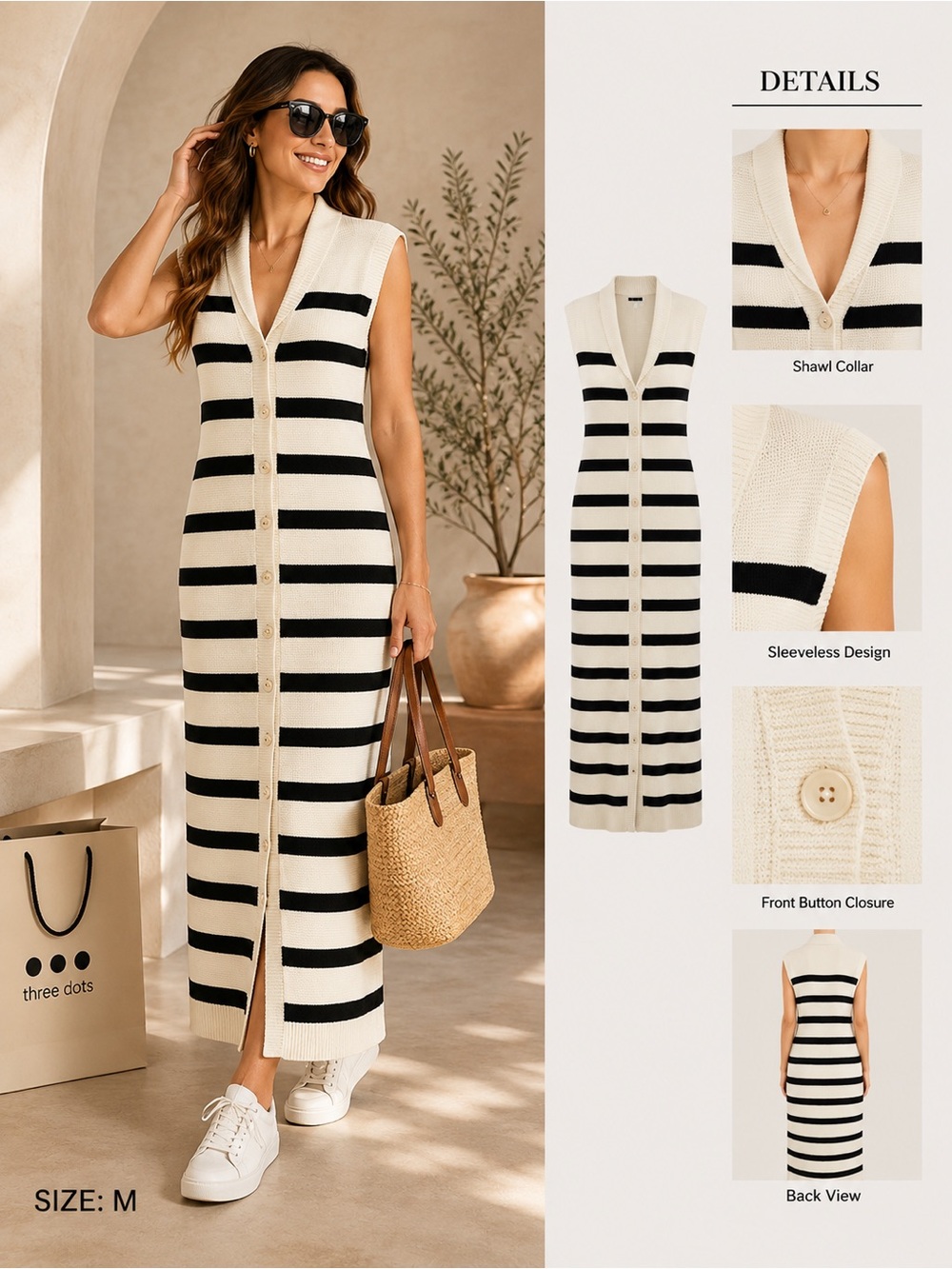 Three Dots Cream and Black Striped Knit Maxi Coverup
